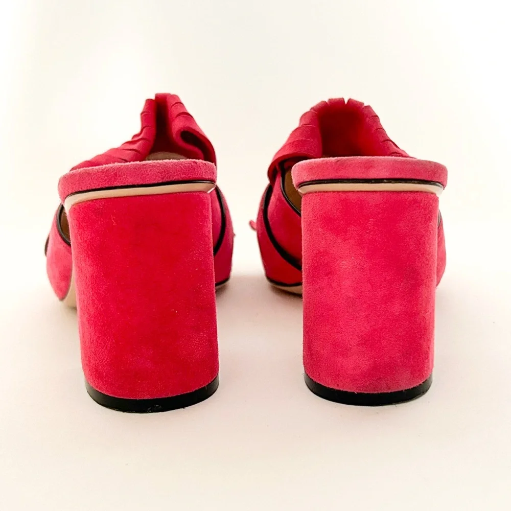 Gucci Marmont GG Logo Hot Pink Red Suede Fringed High Heeled Mules Slides 37.5 - Picture 7 of 12